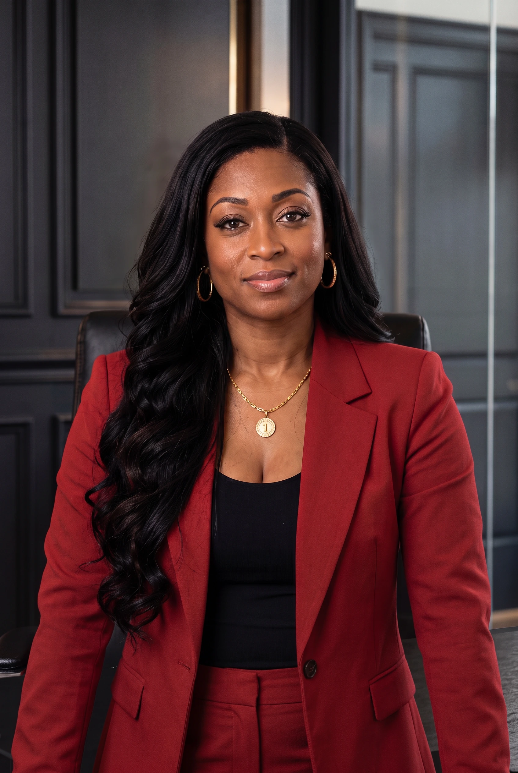 Aalia Ameen, MBA, founder and tax professional, in a red suit with both hands outside the portrait