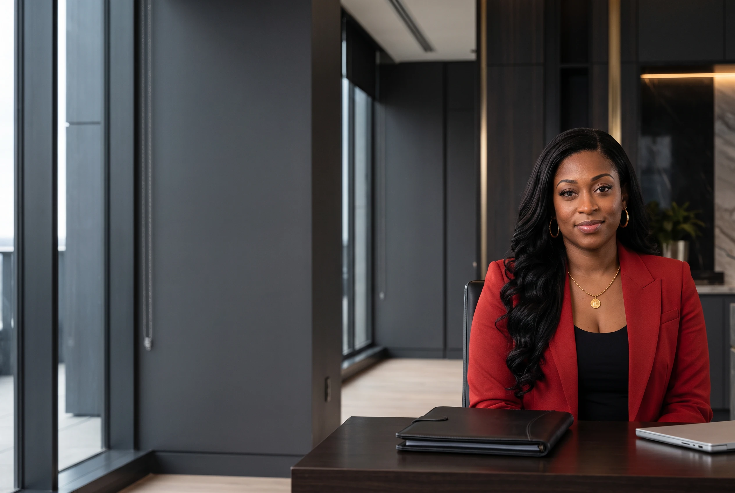 Aalia Ameen, founder and tax professional, in a red suit at an executive desk